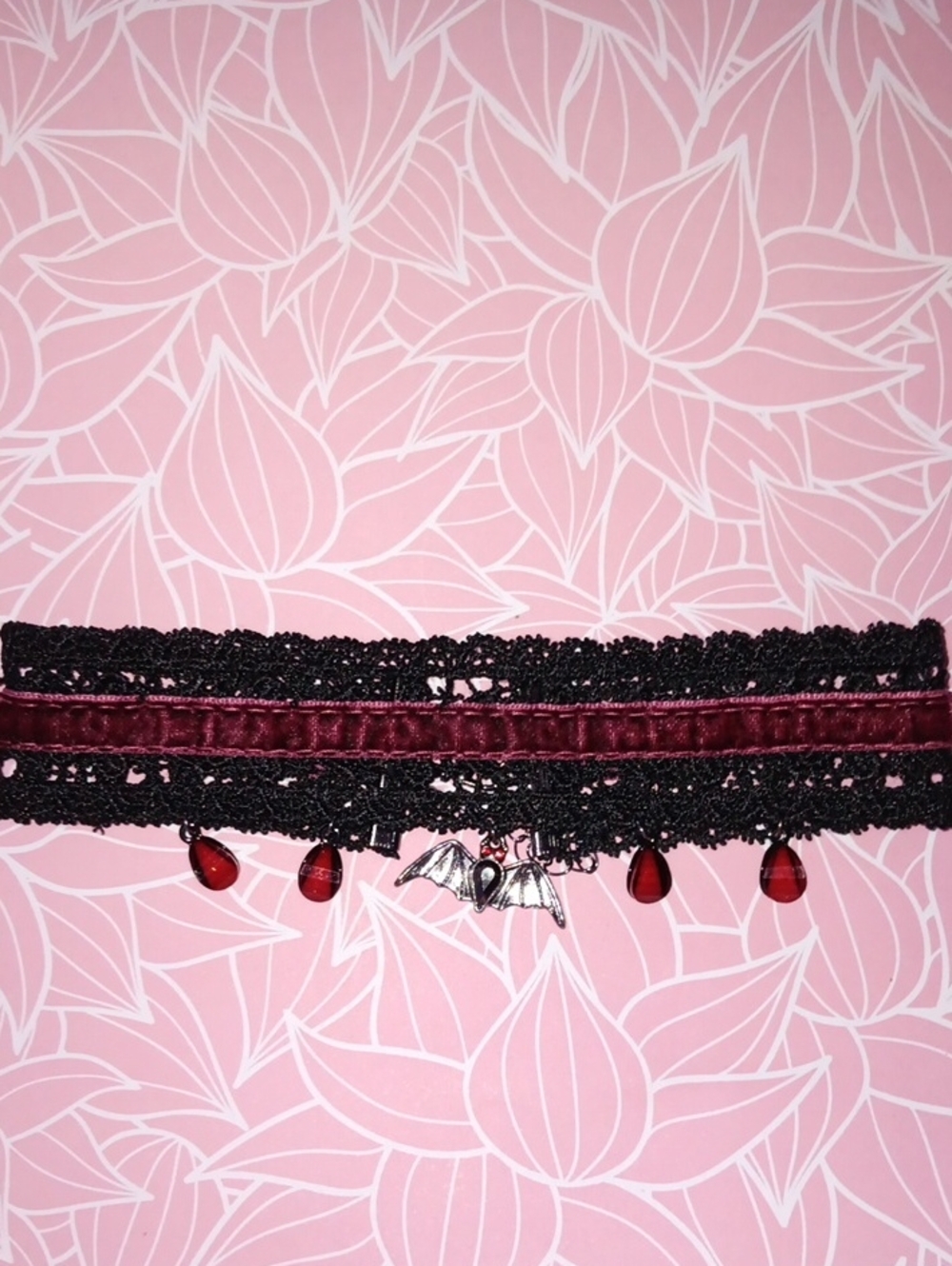 Gothic Black Lace Choker with Red Faceted Teardrop Beads & Bat Nwot!